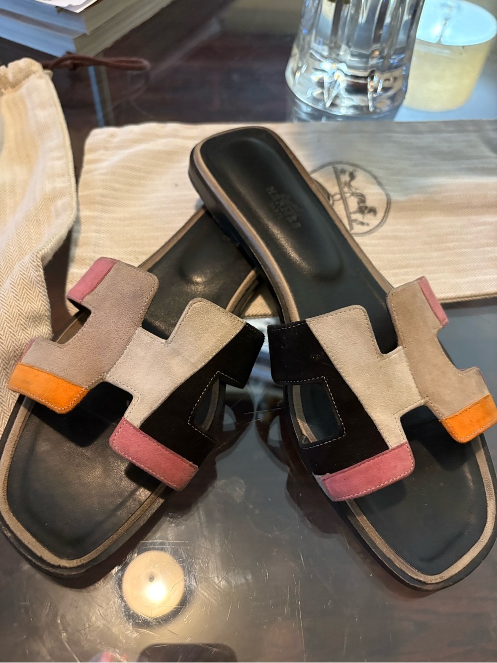 Hermes Multicolor Suede Oran Slide Sandals - Black, Beige, Pink, Orange
